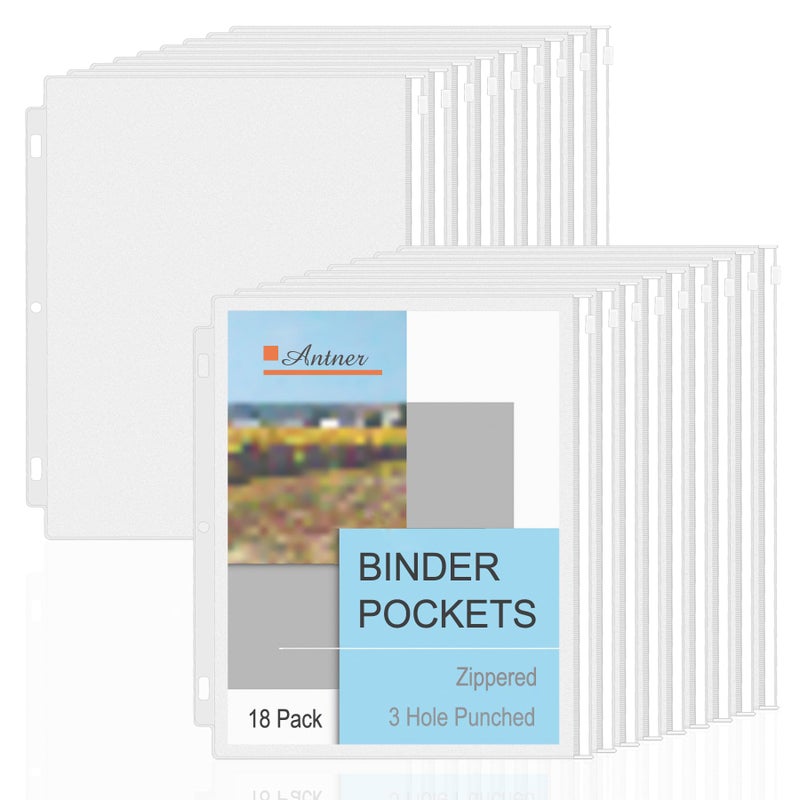 Antner 18 Pack Zipper Binder Pockets for 3 Ring Binder, Clear PVC 3 Holes Letter Size Binder Pouch Document Storage Bags Binder Folders Loose Leaf Inserts Sheet Page Protectors for Office School Home - Image 1